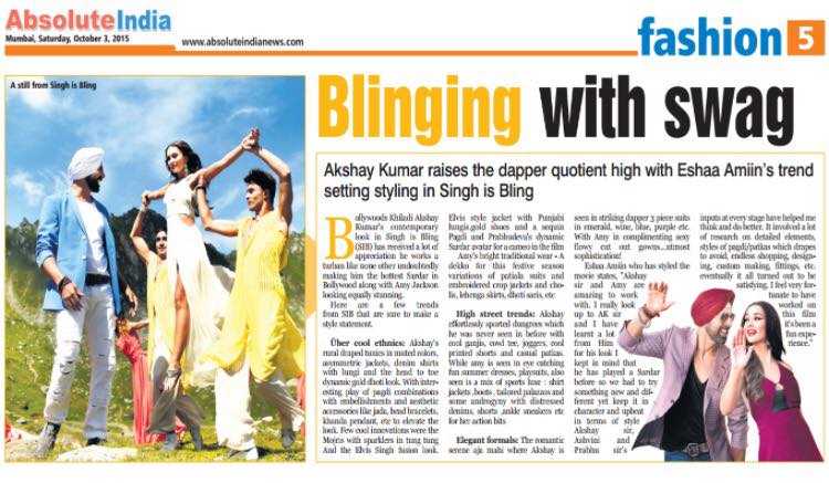 #absoluteindia for this review on #singhisbliing #costumes #designer #styling #akshaykumar #iamamyjackson #eshaamiin #eshaamiinlabel