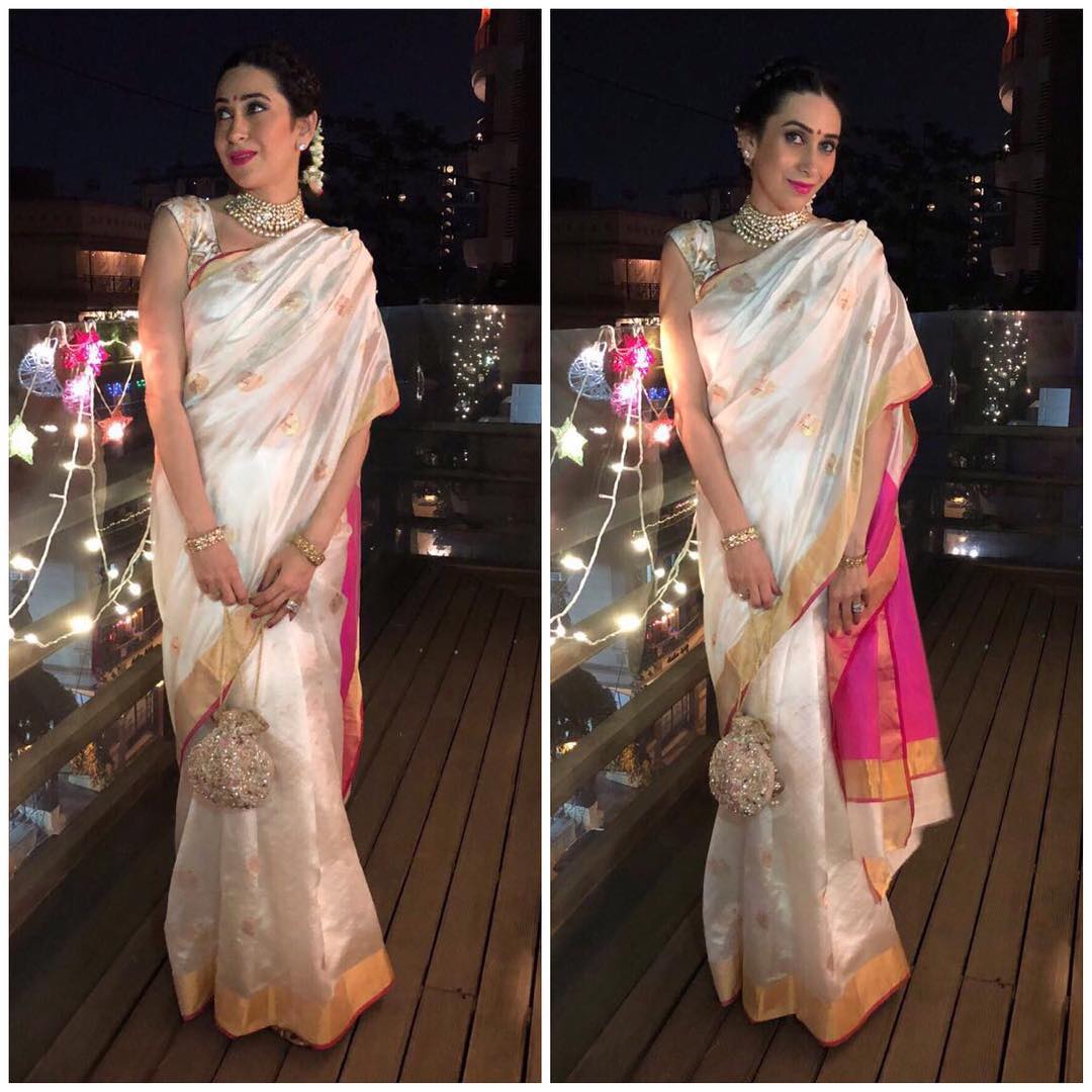 Karishma Kapoor in Mint n' Oranges silk saree