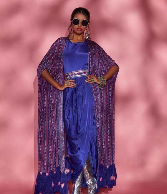 Purple lotus and border print frill cape