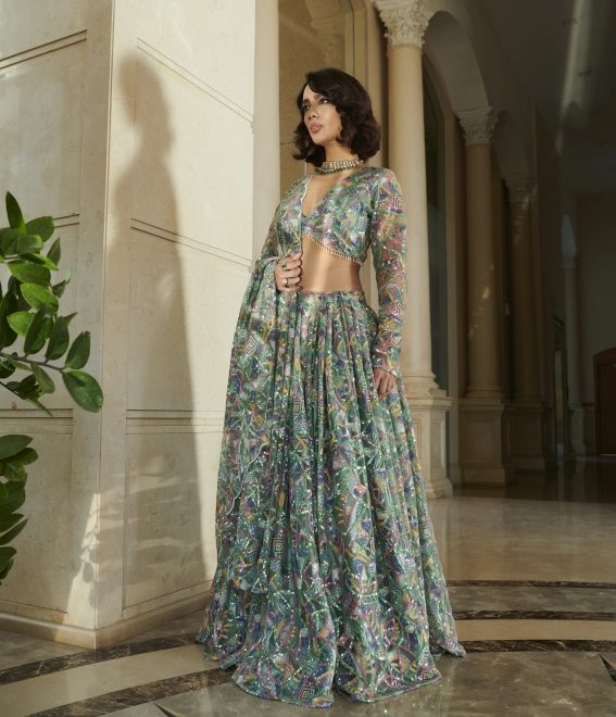 Green Cut Work Lehenga ,Blouse, Dupatta