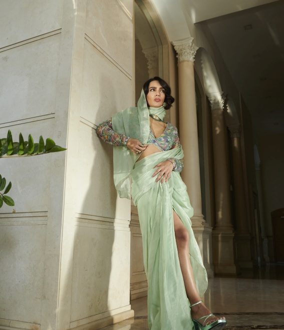 Mint Predrep Saree And Blouse