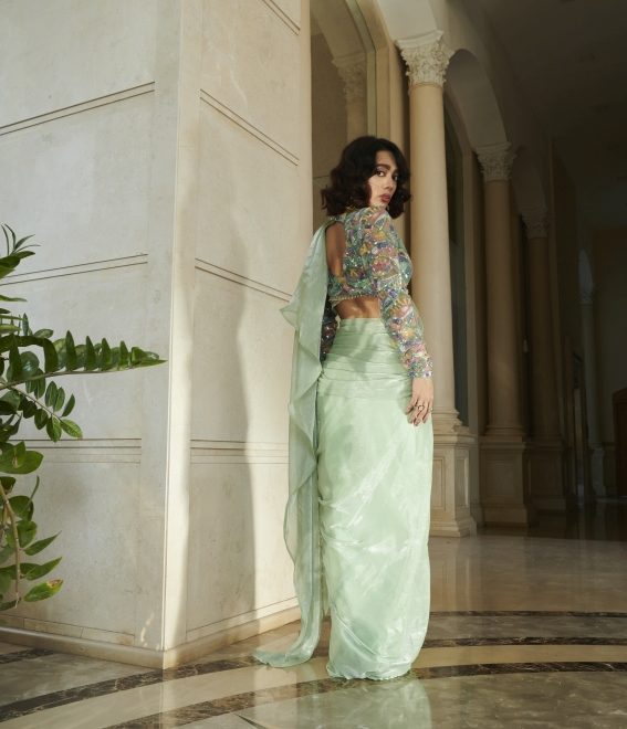 Mint Predrep Saree And Blouse