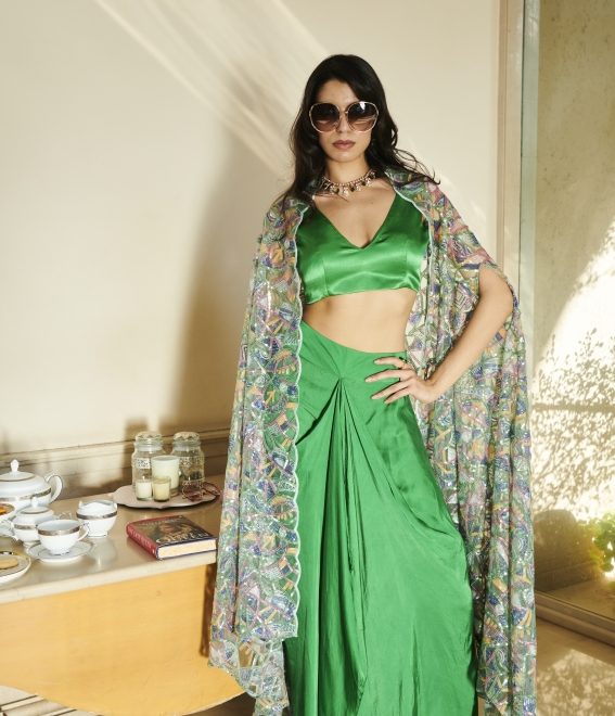 Green Cut Work Cape ,Bralette, Sarong