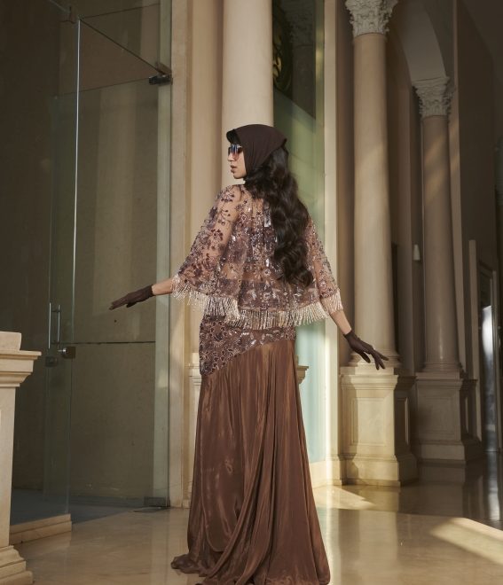 Brown Embroidered Slit Skirt, Corset And Net Cape