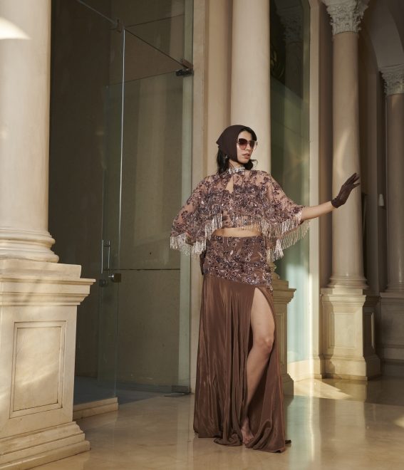 Brown Embroidered Slit Skirt, Corset And Net Cape