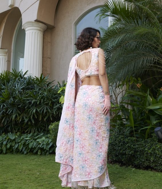 Pink Embroidered Flower Saree And Blouse