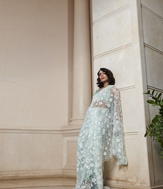 Mint Embroidered Saree And Blouse