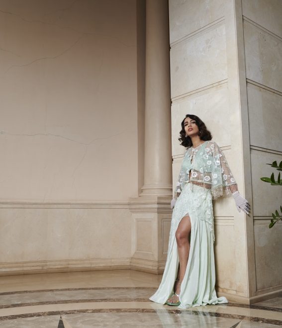 Mint Embroidered Slit Skirt , Bralette And Cape