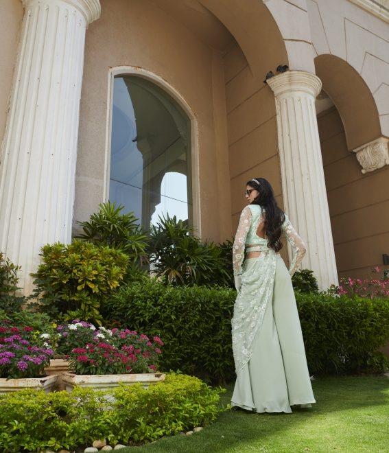 Mint Embroidered Slit Skirt , Bralette And Cape