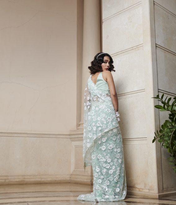 Mint Embroidered Saree And Blouse