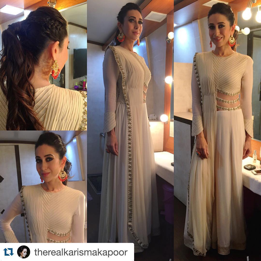 You are currently viewing Karishma Kapoor in white jumpsuit saree