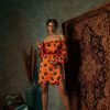 Orange Blotch Off-Shoulder Short Dress