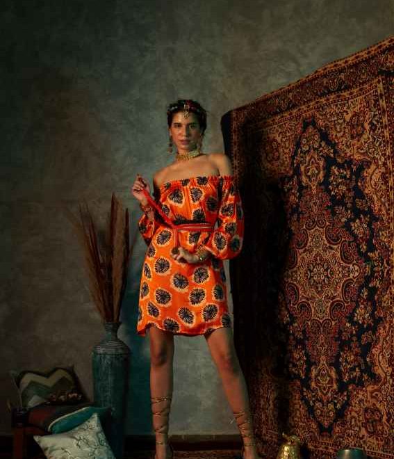 Orange Blotch Off-Shoulder Short Dress