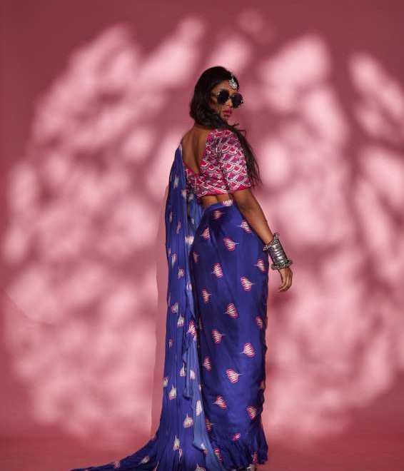 lotus print purple saree