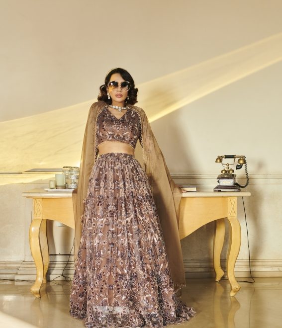 Brown Lehenga And Corset And Dupatta