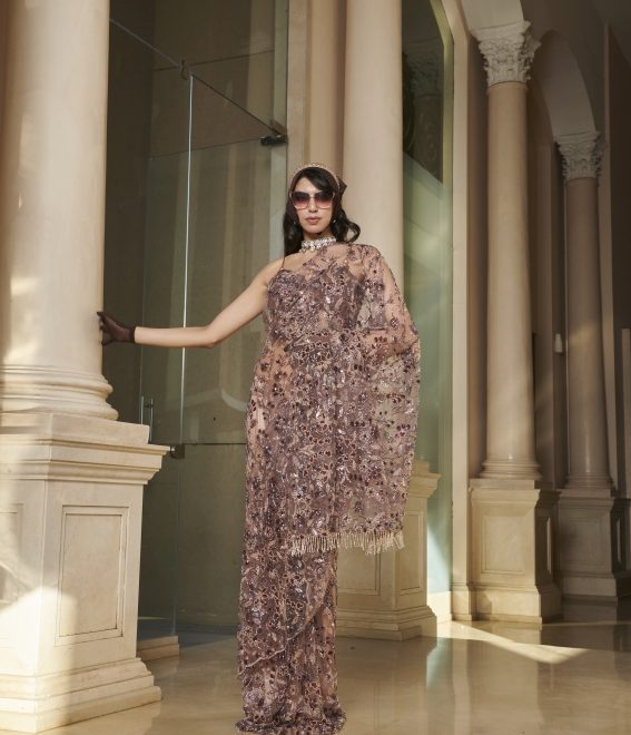 Brown Net Net Saree And Blouse