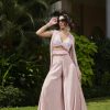 Pink Georgette Pant , Embroidered Flower Blouse , Side Cape