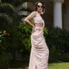 Pink Georgette Pant , Embroidered Flower Blouse , Side Cape - Image 3